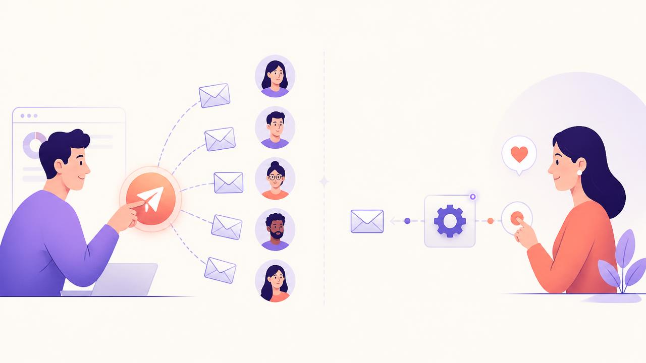 Split illustration: a marketer pressing send to an audience on the left, and an automated system responding to a customer action on the right