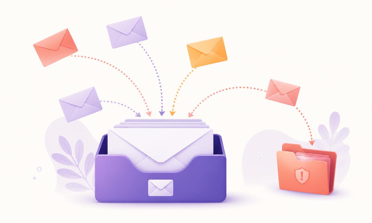Illustration of envelopes flying into an inbox tray while one envelope is diverted to a spam folder